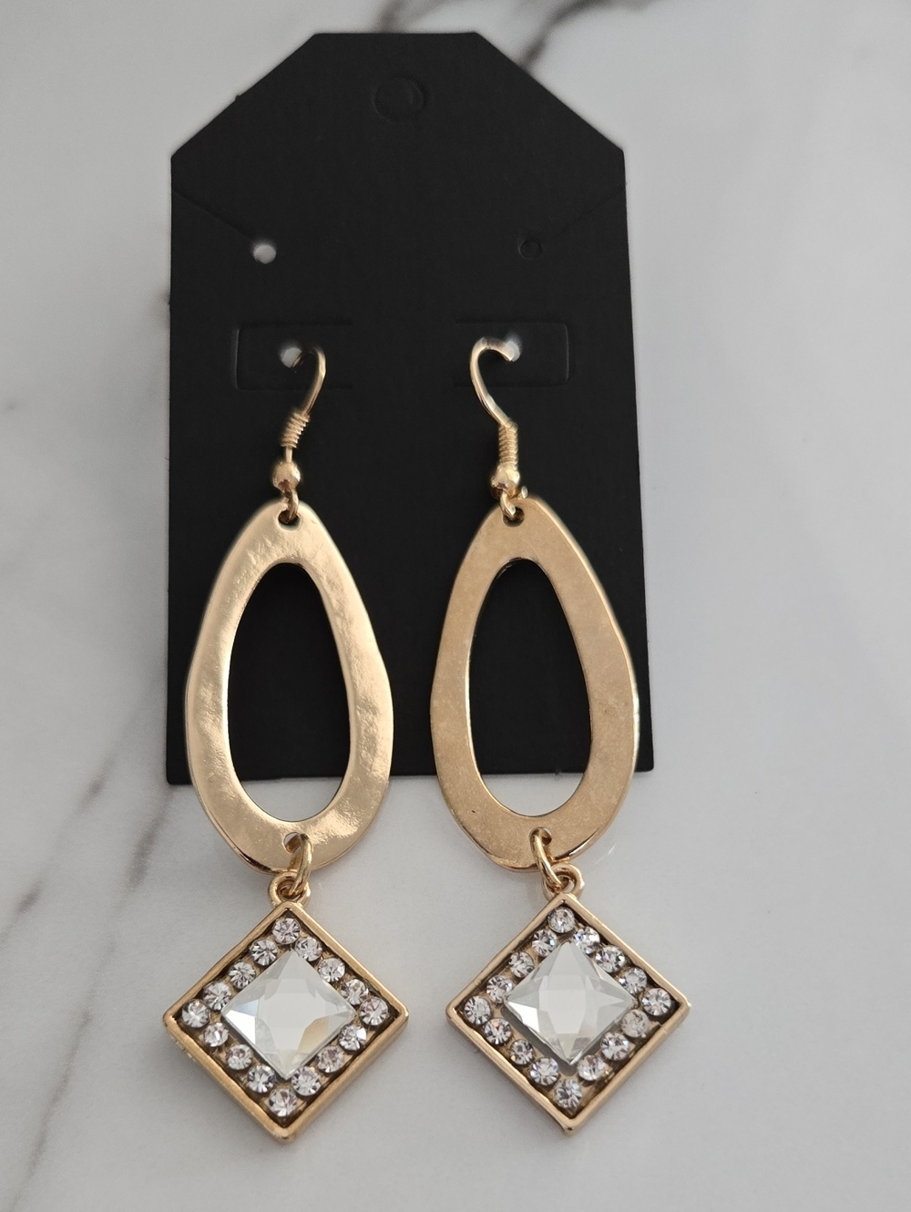 Gold Teardrop Dangle Earrings with Clear Crystal Accents
